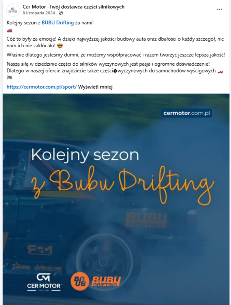 Wpis Cer Motor „Kolejny sezon z Bubu Drifting” z podziękowaniami za współpracę i jakość auta